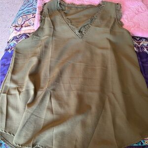 Olive Satin Lace-Trim V-Neck Women's Tank Top